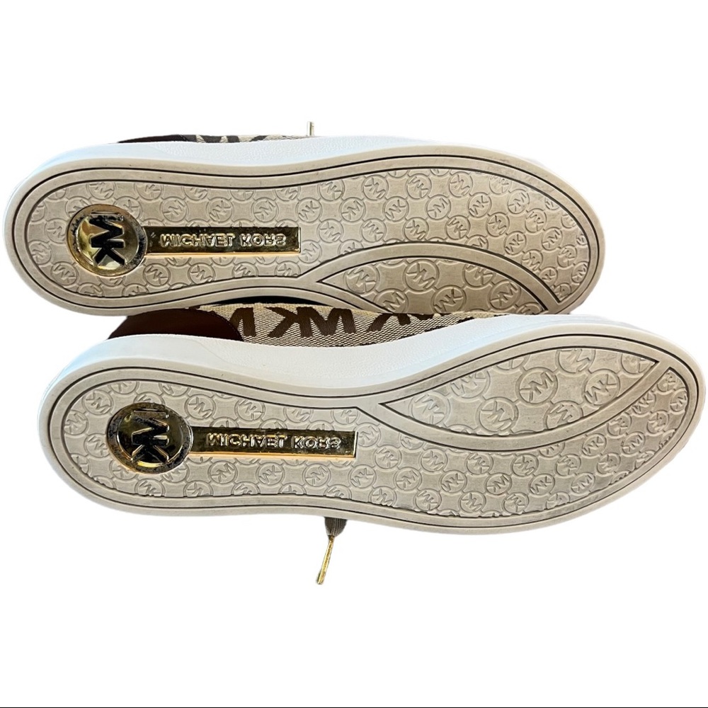 Like New Michael Kors Leather & Canvas Sneakers MK Logo Brown & Tan Size 7.5 - Picture 3 of 12